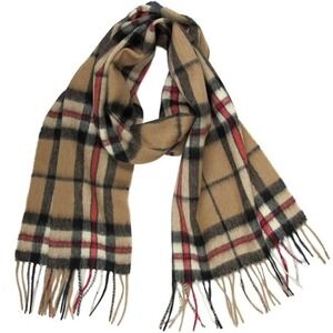 Shepherds Land 100% Lambswool Scarf Camel Tartan Plaid with Fringe Womens NEW